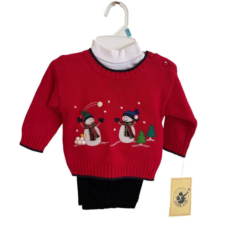 NWT Good Lad Vintage Red Snowman Sweater Corduroy Pants Set 3PC 3-6M Holiday New